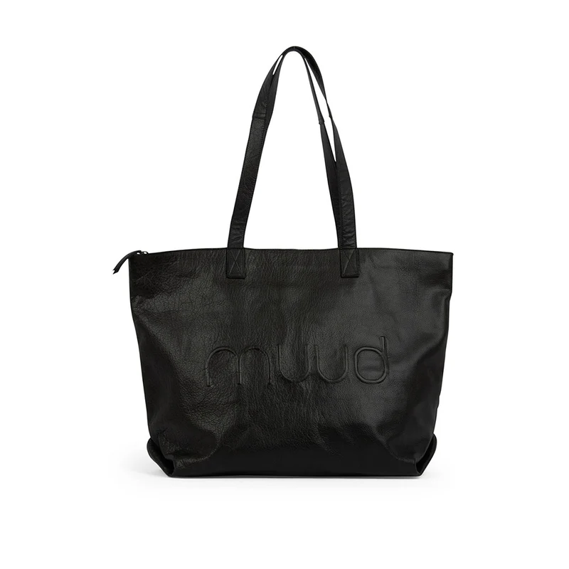 MUUD Laura-Tragetasche Schwarz – Handgefertigte Ledertasche mit abnehmbarem Portemonnaie, 34 x 50 x 16 cm