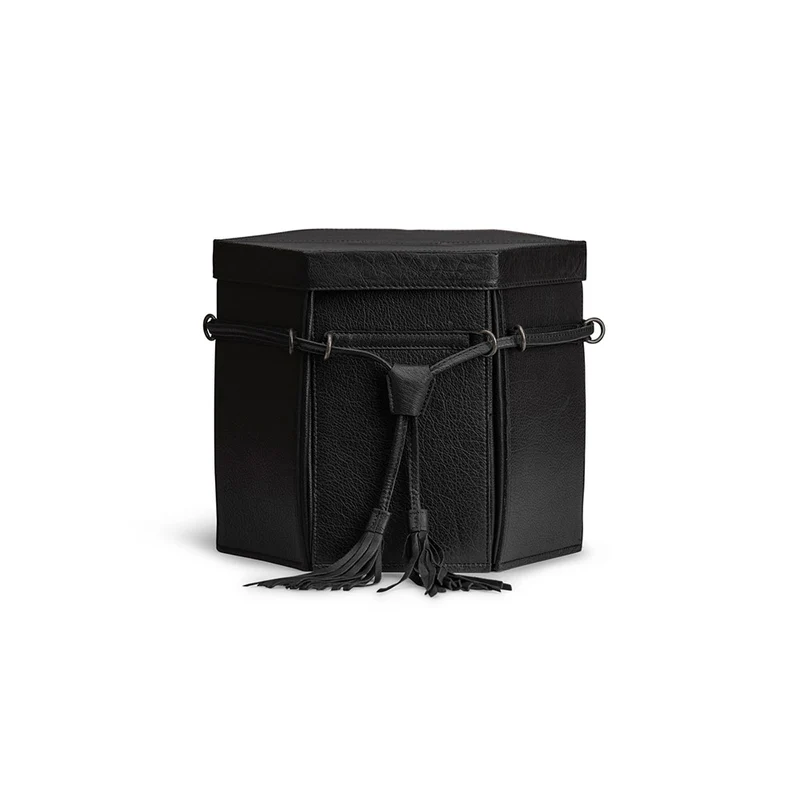MUUD Evita XL Black – Handgefertigte sechseckige Aufbewahrungsbox aus Leder, 22 x 22 x 26 cm
