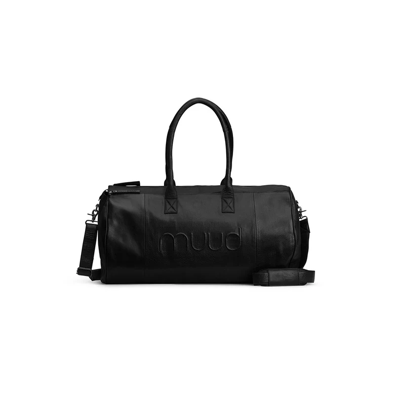 MUUD Drew XL Black – Handgefertigte Wochenendtasche aus Leder, 60 x Ø 34 cm