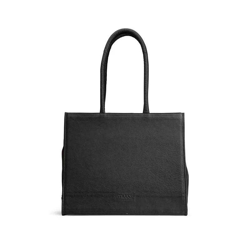 MUUD Bina XL Black – Handgefertigte Ledertasche mit abnehmbarem Portemonnaie, 35 x 43 x 18 cm