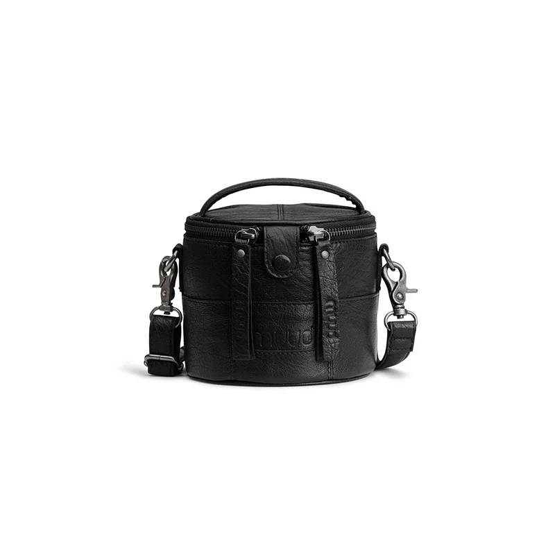 MUUD Saturn mini Black – Handgefertigte kleine Ledertasche, 13 x Ø 14 cm