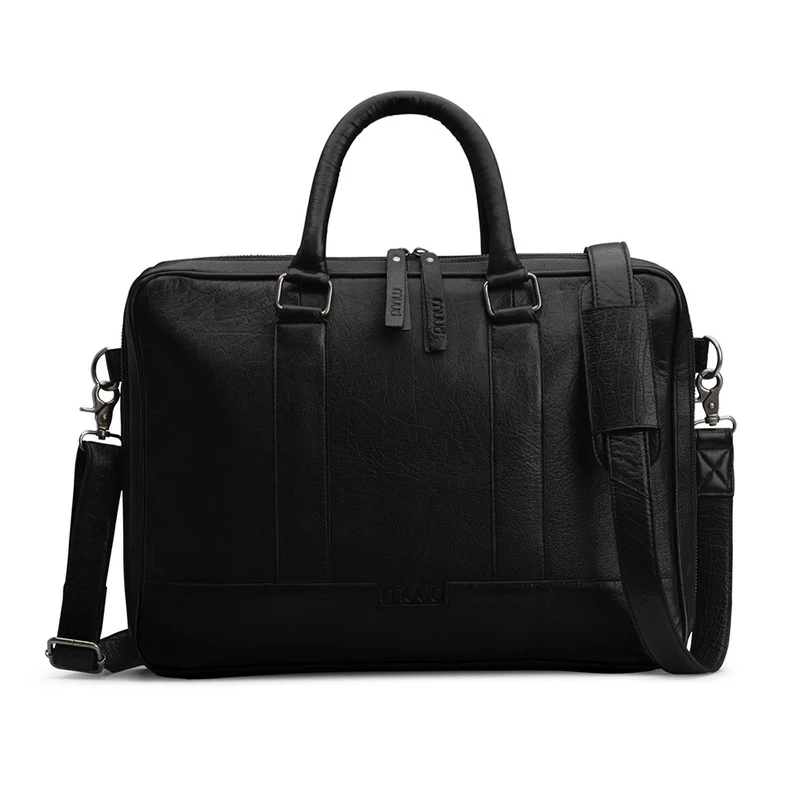 MUUD Drea – Schwarze, handgefertigte Laptoptasche aus Leder