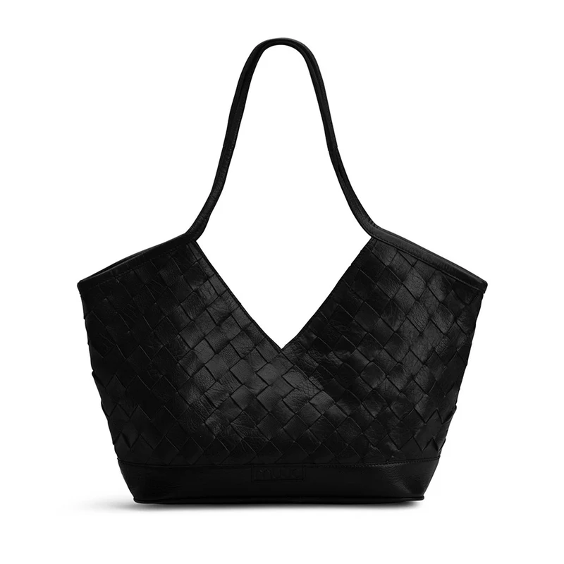 MUUD Dosy – Schwarze, handgeflochtene Lederhandtasche, 29 x 43 cm