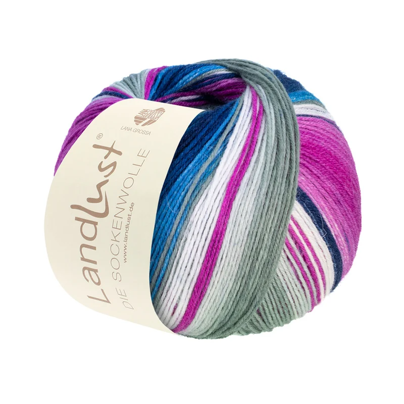 Lana Grossa Landlust Die Sockenwolle 118 Hellgrau/Naturweiß/Fuchsia/Blau/Jeans/Nachtblau/Hellrosa/Flieder gestreift