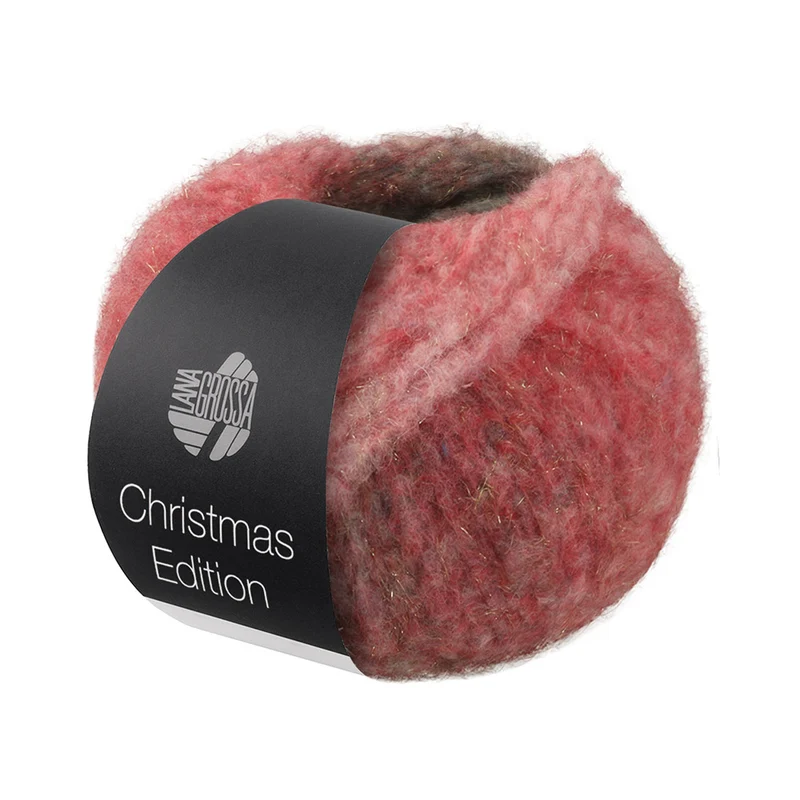 Lana Grossa Christmas Edition Gigante Lurex 0999 Grau/Naturweiß/Ecru/Weiß-Rot/Beere – Farbverlaufsstreifen