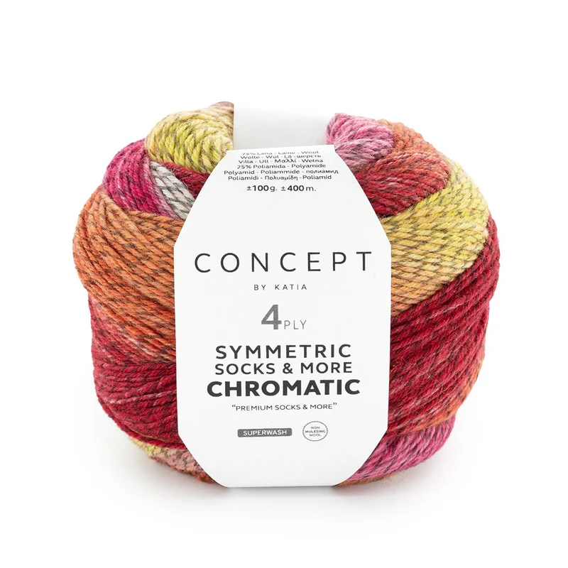Katia Symmetric Socks & More – Chromatic 202 Rot-Gelb-Kaugummirosa Rosa