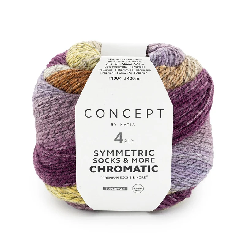 Katia Symmetric Socks & More – Chromatic 203 Lila-Gelb-Camel