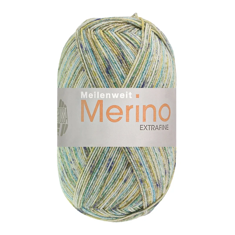 Lana Grossa Meilenweit 100 Merino Extrafine Mountain 7603 Limette/Grau/Dunkelgrün/Jade/Senfgelb/Minze gestreift