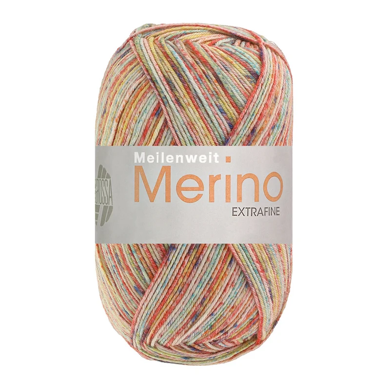 Lana Grossa Meilenweit 100 Merino Extrafine Mountain 7602 Rot/Gelb/Türkis/Orange/Naturweiß/Dunkelgrau gestreift