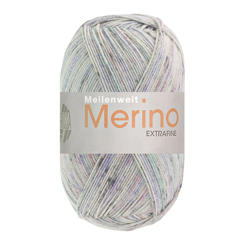 Lana Grossa Meilenweit 100 Merino Extrafine Mountain 7601 Blau/Flieder/Mint/Hell-/Dunkelgrau gestreift