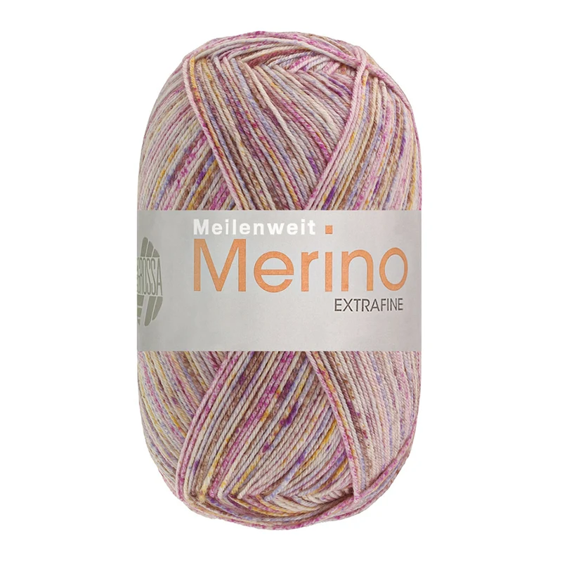 Lana Grossa Meilenweit 100 Merino Extrafine Mountain 7605 Graubraun/Naturweiß/Grau-/Rotviolett/Maisgelb gestreift