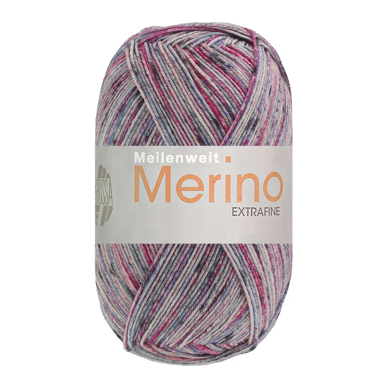 Lana Grossa Meilenweit 100 Merino Extrafine Mountain 7604 Hell-/Dunkelgrau/Fuchsia/Rosa/Jeansblau gestreift