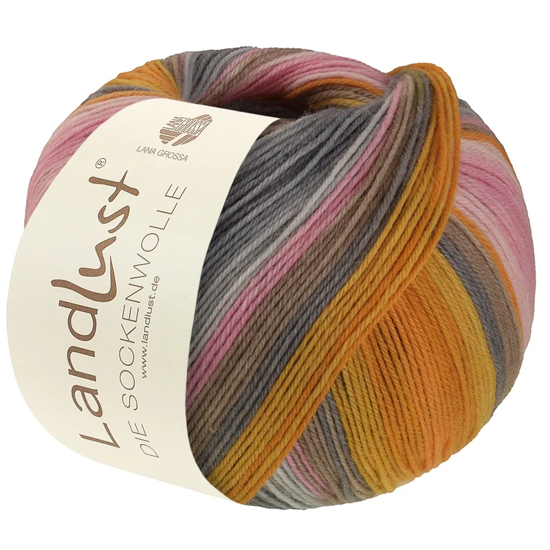 Lana Grossa Landlust Die Sockenwolle 132 Orange/Eigelb/Lachsorange/Grau/Graubeige/Zartrosa/Rosa/Nelke/Hellgrau gestreift